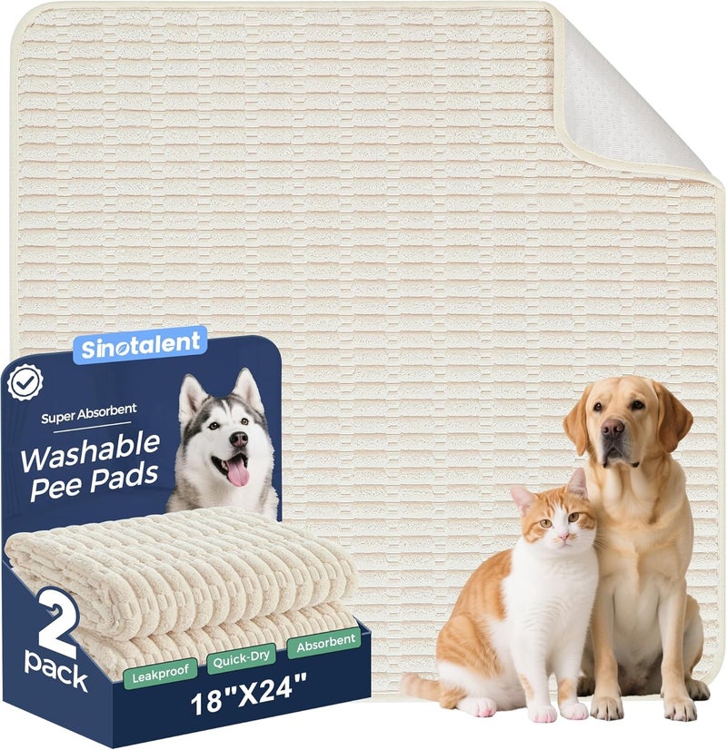 Sinotalent Washable Pee Pads for Dogs, Reusable Puppy Pads Dog Pads, Non-Slip Dog Pee Pads, Leak-Proof Pet Pee Pads Wee Wee Pads for Dogs. (Cream White, 18"x24"(Pack of 2)) - Image 1
